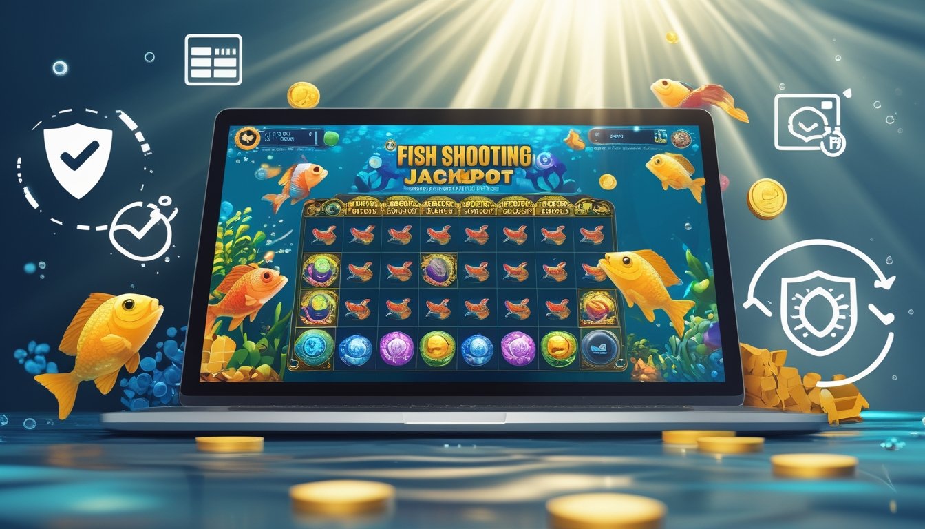 Layar perangkat menampilkan permainan tembak ikan dengan ikan warna-warni dan ikon jackpot, dikelilingi simbol kepercayaan dan keamanan digital.