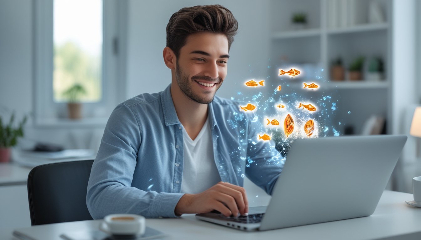 Seorang dewasa muda menggunakan laptop di ruang kerja rumah yang terang dan rapi, dengan ikon ikan dan jackpot digital di layar.
