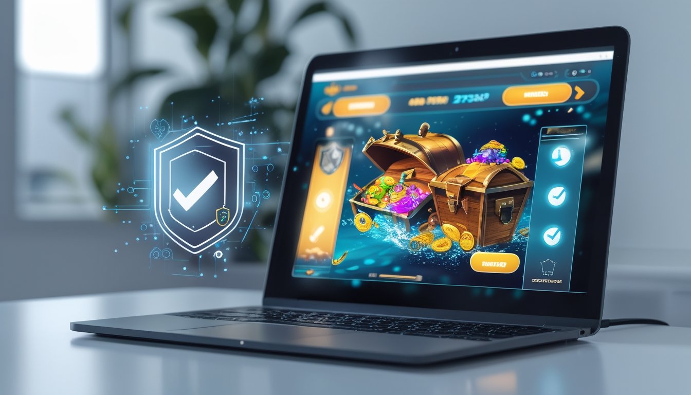 Layar komputer atau tablet menampilkan permainan tembak ikan dengan elemen jackpot, dikelilingi ikon keamanan seperti perisai dan gembok.