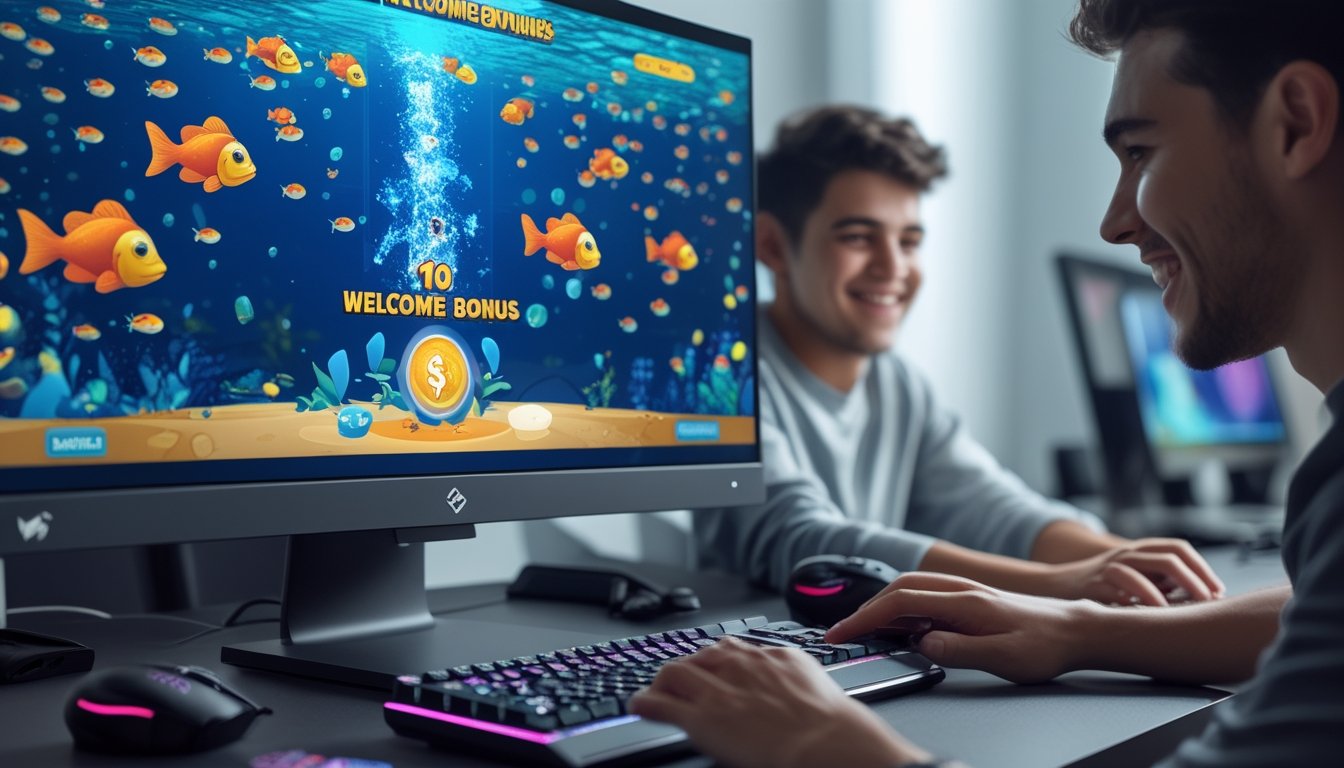 Seseorang bermain game tembak ikan jackpot di komputer dengan layar menampilkan grafis ikan berwarna-warni dan ikon jackpot.