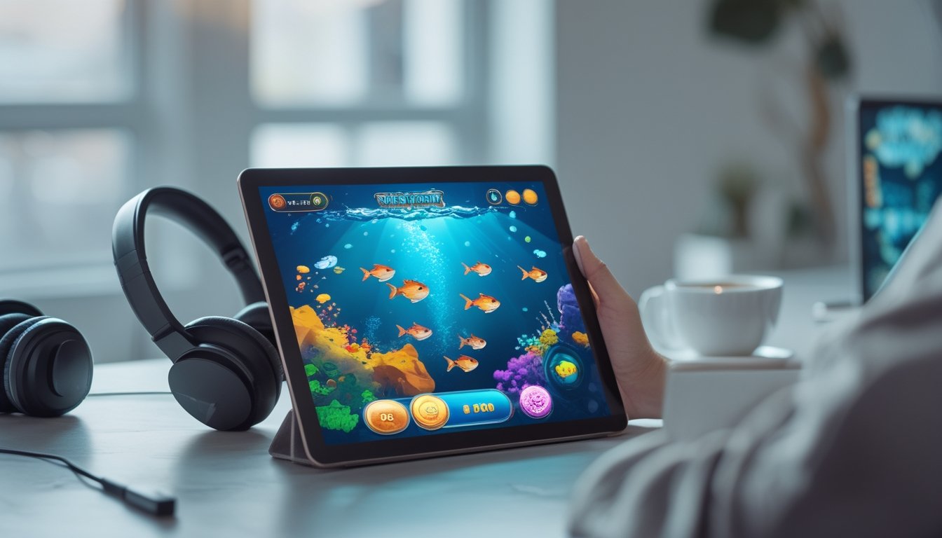 Seseorang menggunakan tablet untuk bermain permainan tembak ikan online dengan grafik warna-warni di layar.
