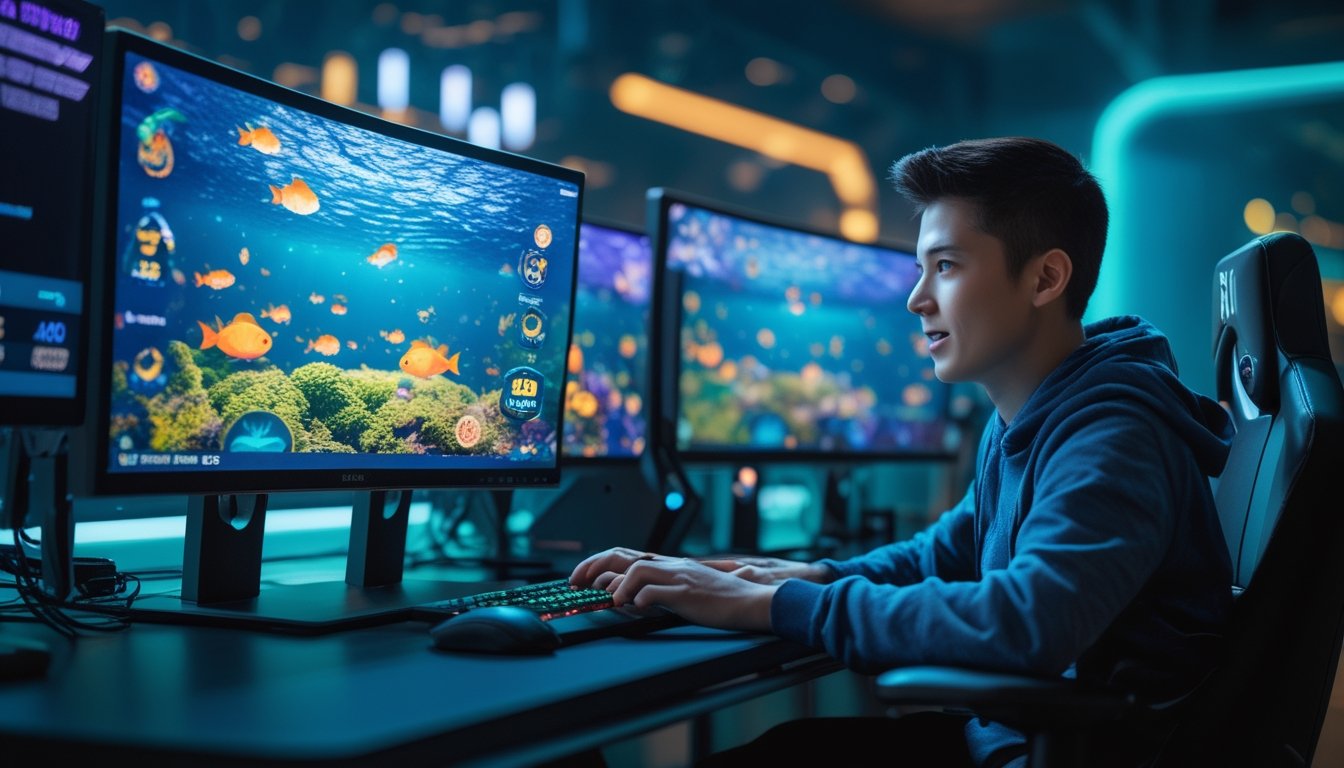 Seorang pemain muda duduk di depan komputer dengan layar menampilkan permainan tembak ikan online yang penuh warna dan animasi ikan di bawah laut.