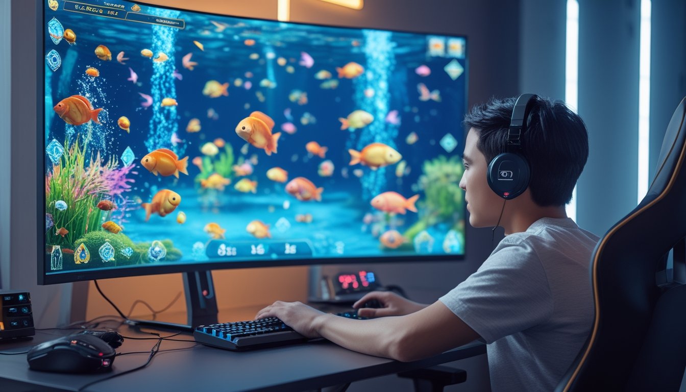 Seorang pemain muda fokus bermain game tembak ikan online di depan layar komputer dengan latar belakang ikan berwarna-warni dan ikon jackpot.