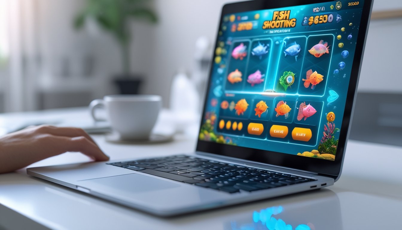 Tampilan layar perangkat digital dengan permainan tembak ikan berwarna-warni dan ikon jackpot, menunjukkan platform game online dengan proses deposit rendah dan penarikan cepat.