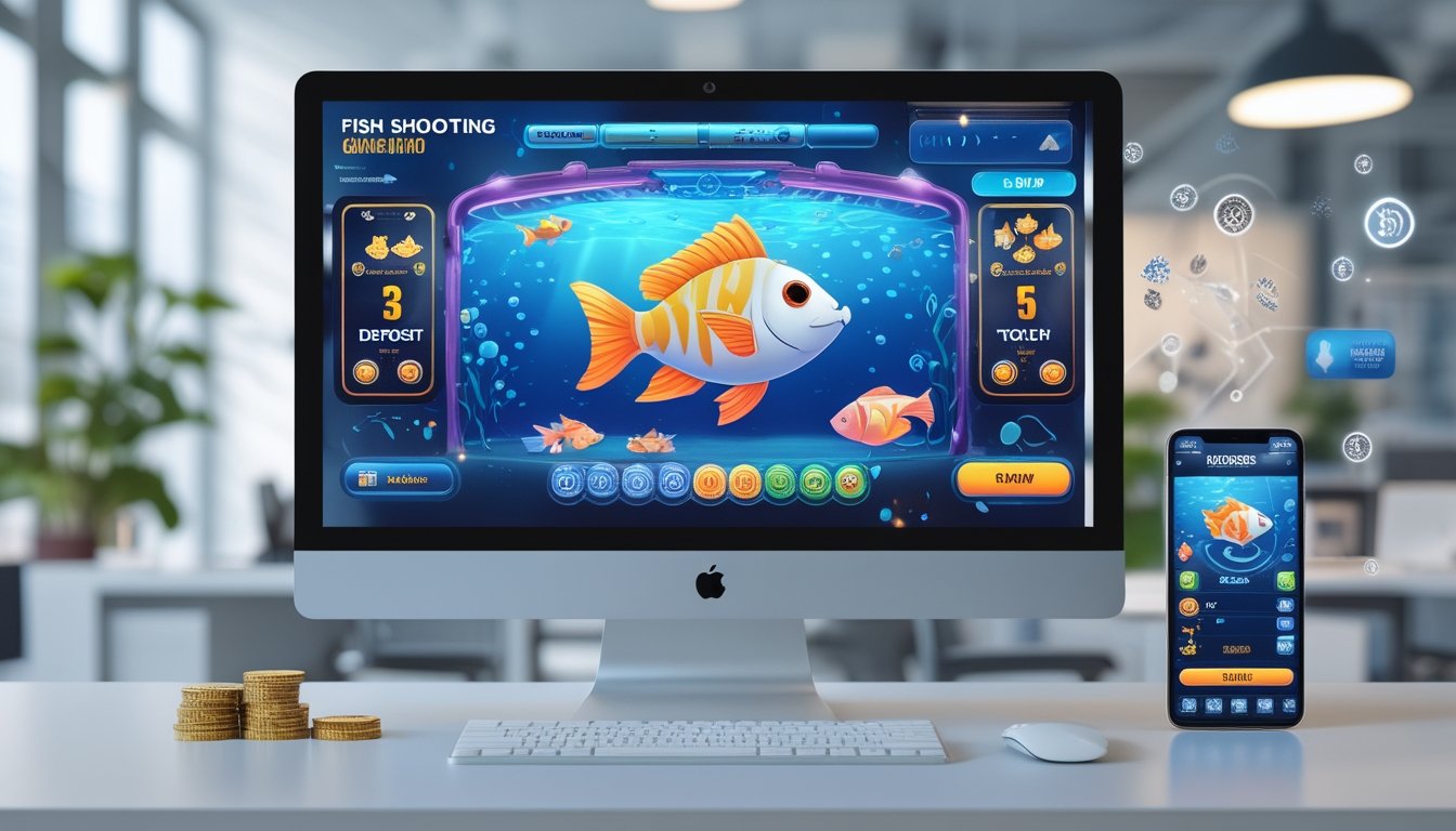 Seorang pria menggunakan komputer dan ponsel untuk bermain game tembak ikan dengan latar kantor modern dan ikon transaksi keuangan.