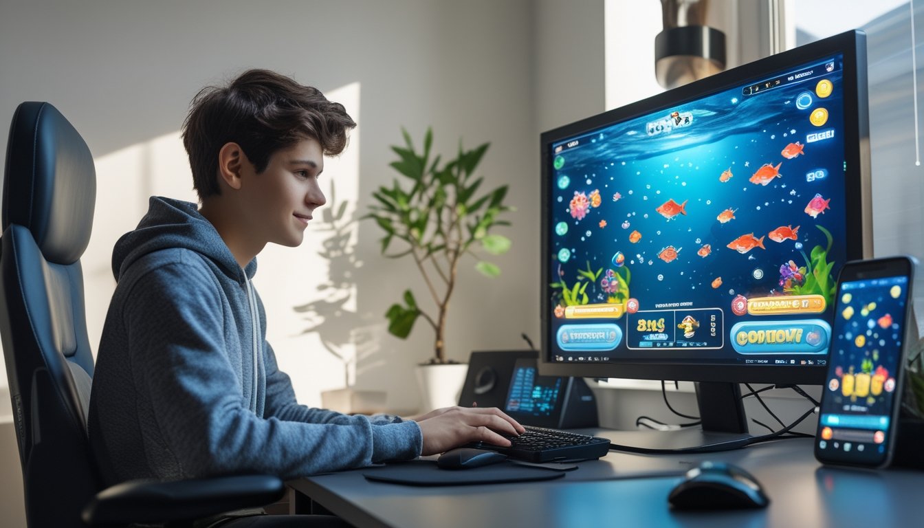 Seseorang duduk di meja dengan komputer yang menampilkan permainan ikan berwarna-warni dan ikon jackpot, terlihat fokus bermain di ruang kerja yang rapi.