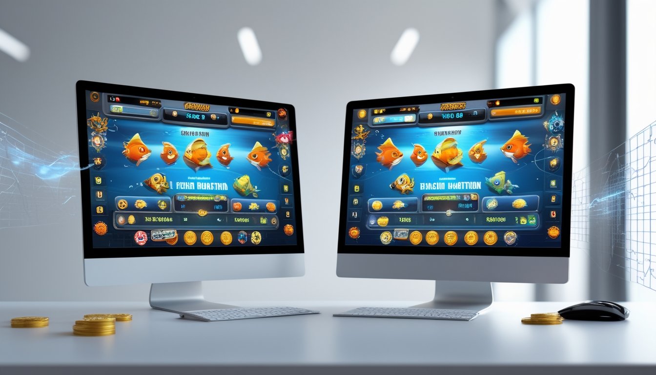 Dua layar perangkat digital berdampingan menunjukkan antarmuka permainan tembak ikan dengan elemen jackpot dan ikon fitur di atas meja kerja yang rapi.