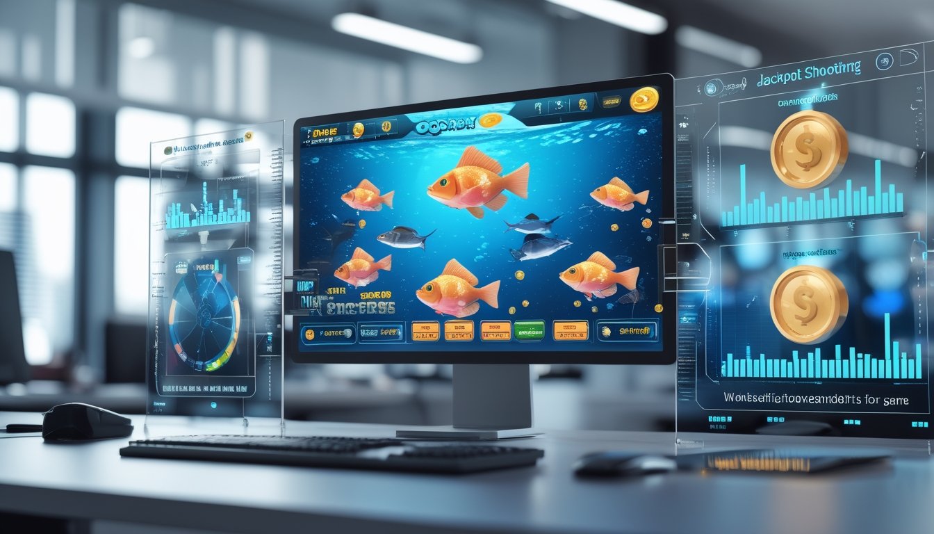 Sebuah ruang kerja modern dengan komputer menampilkan grafik permainan ikan dan layar digital yang menunjukkan perbandingan fitur platform permainan.