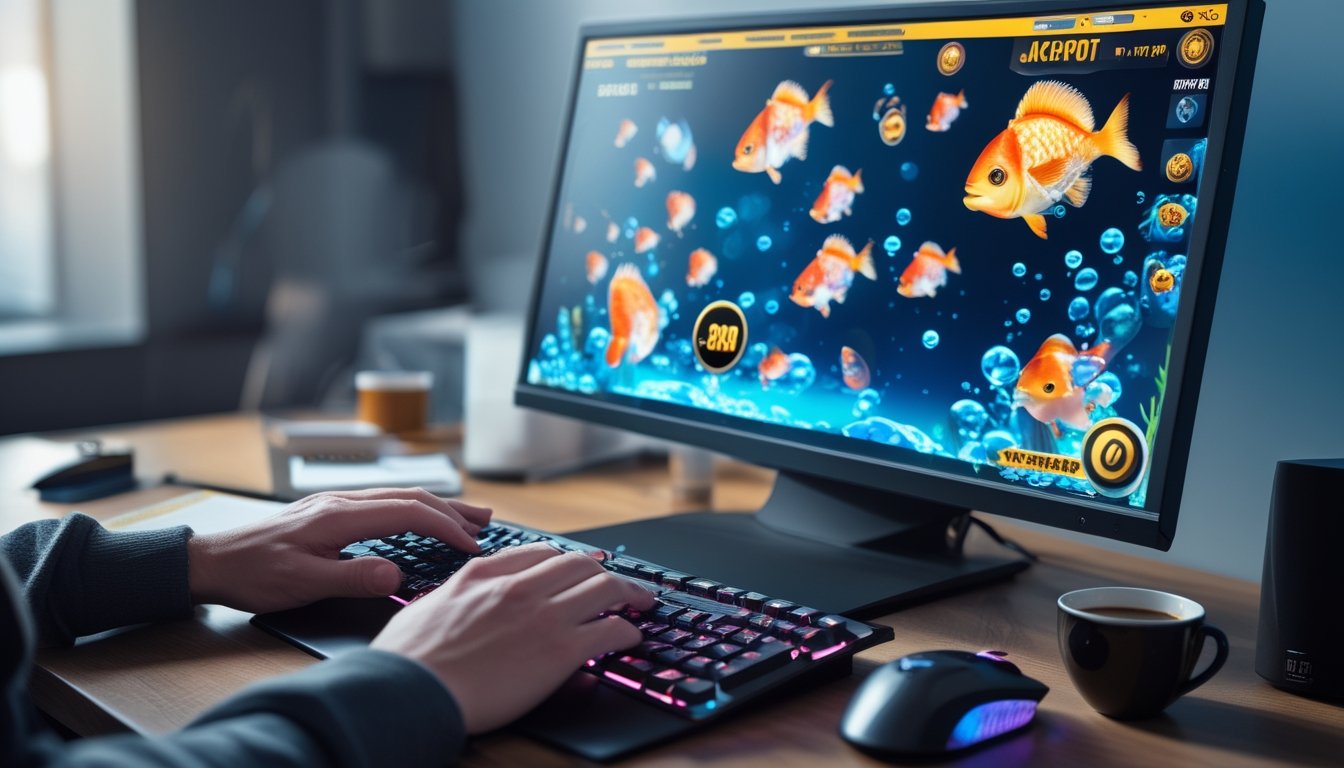 Seorang pemain sedang menggunakan komputer dengan layar menampilkan permainan tembak ikan jackpot online, terlihat suasana fokus dan strategi di ruang kerja yang rapi.