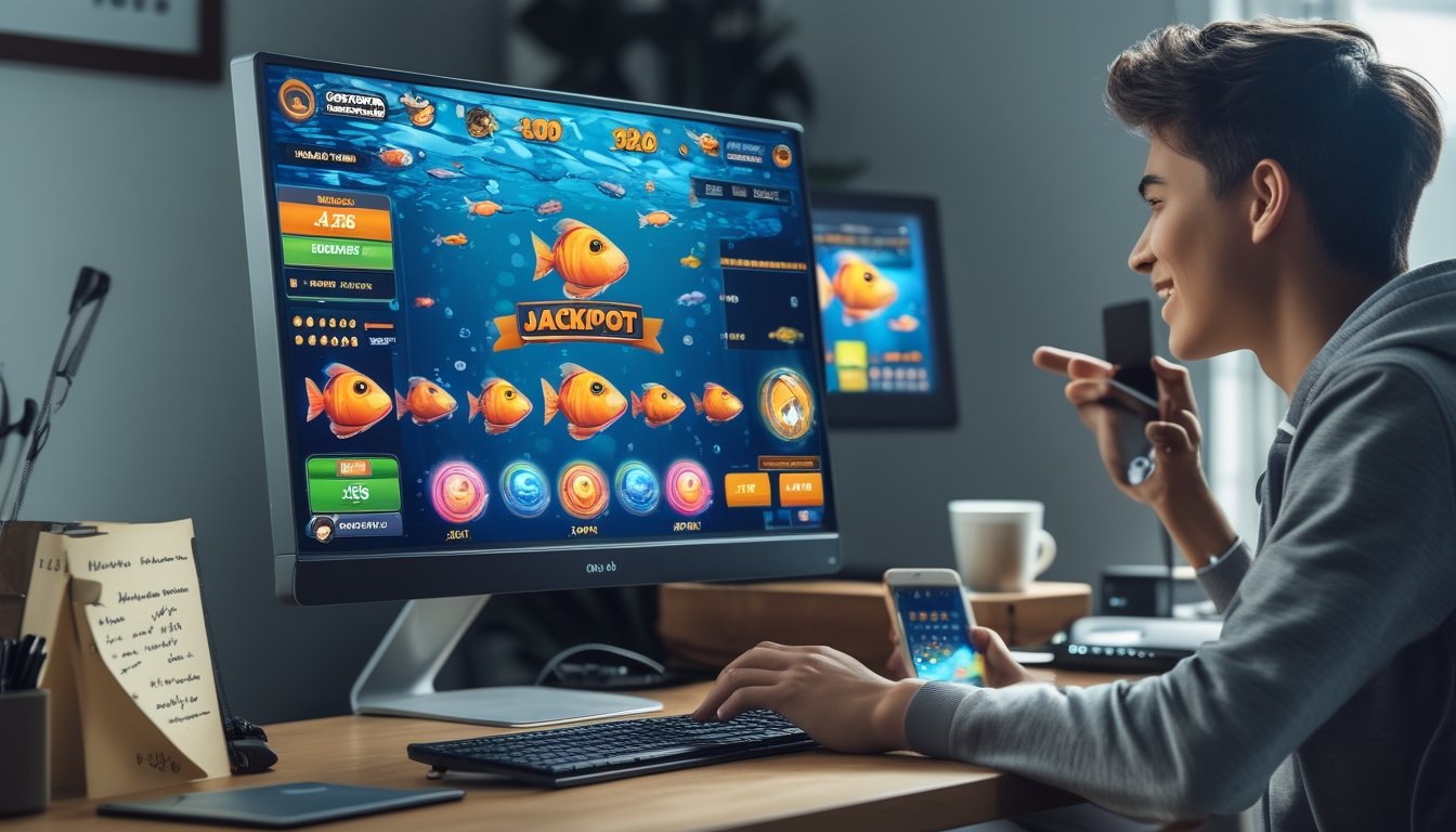 Seorang pemain muda sedang fokus bermain permainan tembak ikan online di komputer dengan tampilan layar penuh warna dan ikon jackpot, di meja terdapat catatan dan ponsel.