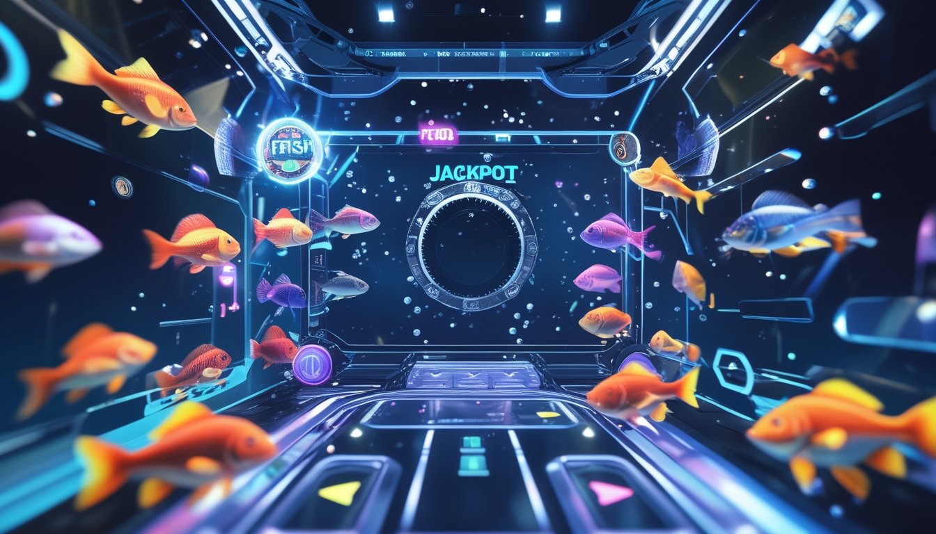 Tampilan layar permainan tembak ikan dengan berbagai ikan berwarna-warni di bawah laut dan ikon jackpot yang menyala.