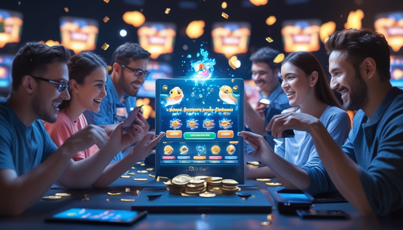 Sekelompok pemain yang antusias menggunakan perangkat digital untuk bermain game tembak ikan dengan latar bawah laut dan ikon jackpot yang berwarna-warni.