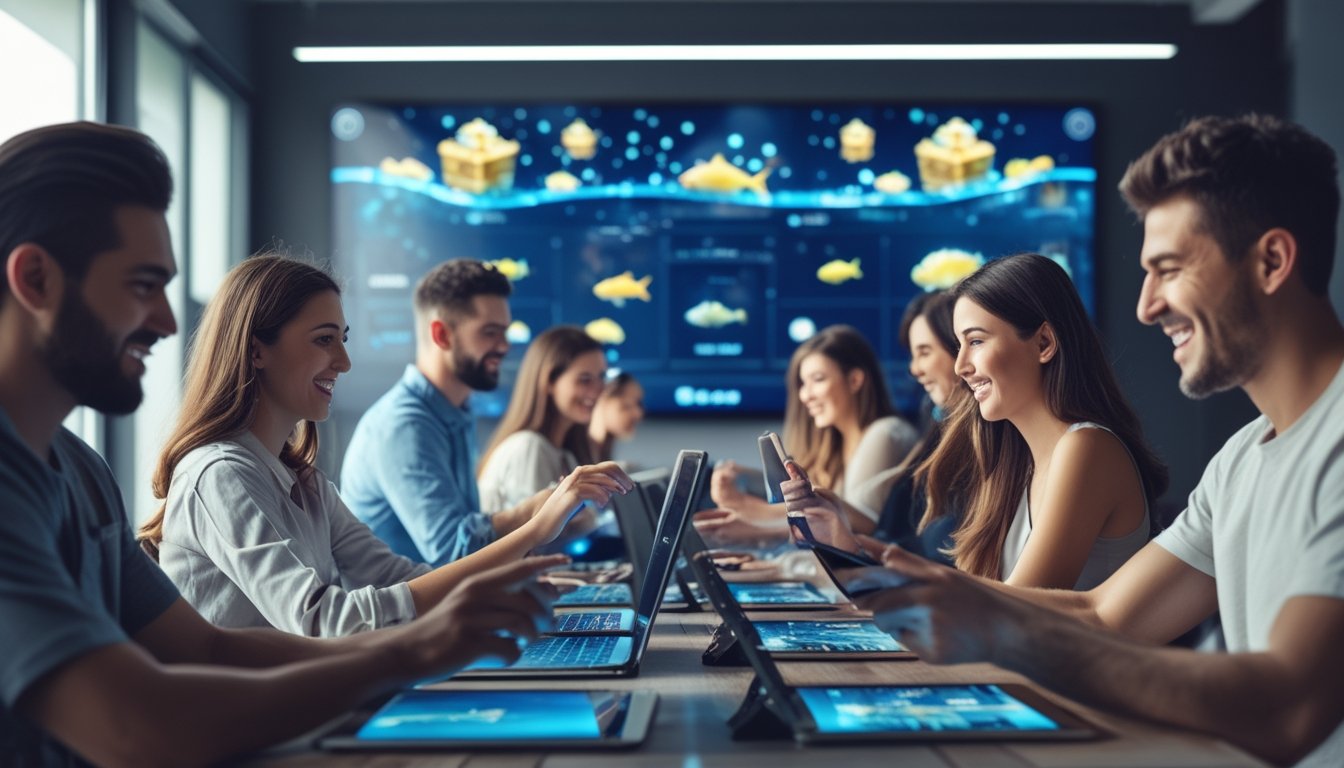 Orang-orang sedang bermain permainan tembak ikan jackpot di perangkat digital dengan ekspresi fokus dan senang di ruangan yang terang dan nyaman.