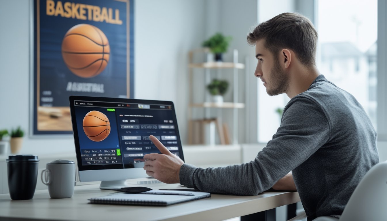 Seorang pria muda duduk di meja dengan laptop, melihat layar yang menampilkan pertandingan basket, di dalam ruangan dengan poster basket dan tanaman kecil.