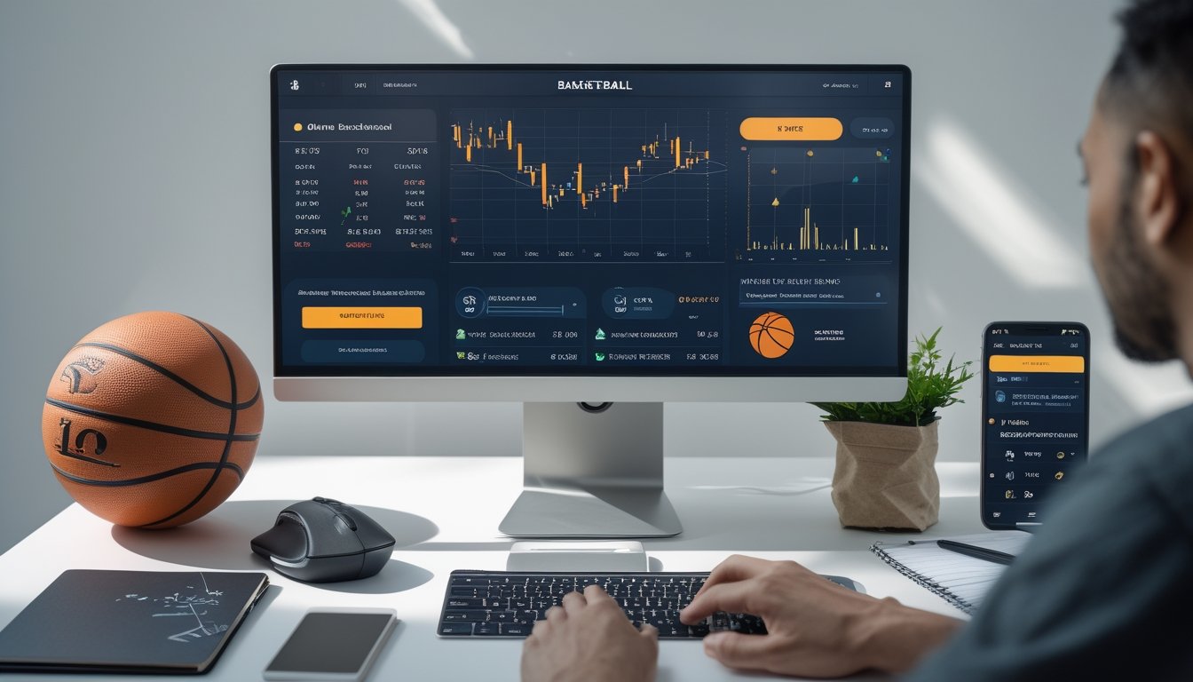 Seorang individu sedang bekerja di depan komputer dengan layar yang menampilkan statistik dan grafik terkait taruhan bola basket online, di meja terdapat bola basket, ponsel dengan aplikasi taruhan, dan buku catatan.