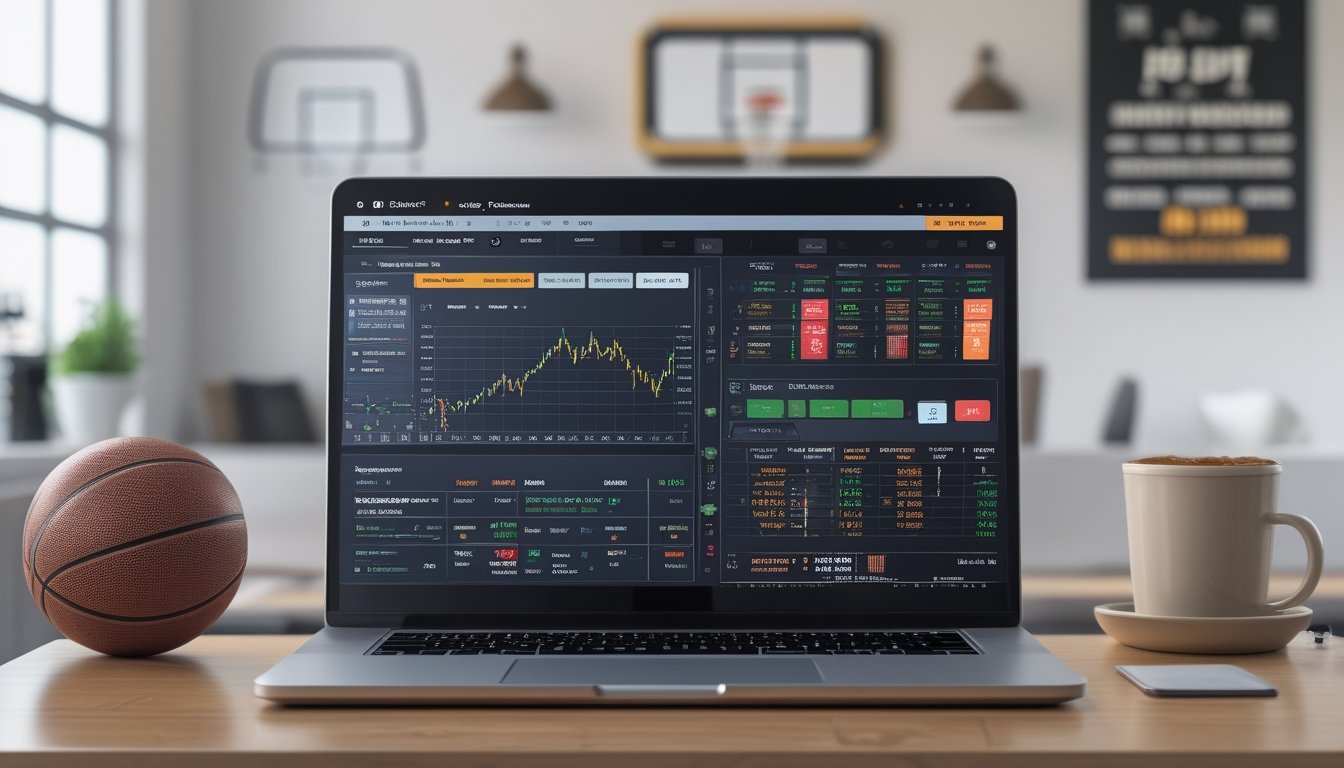 Meja kerja dengan laptop yang menampilkan data odds dan pasaran judi basket, bola basket di sampingnya, dan suasana ruangan yang terang dengan dekorasi bertema basket.