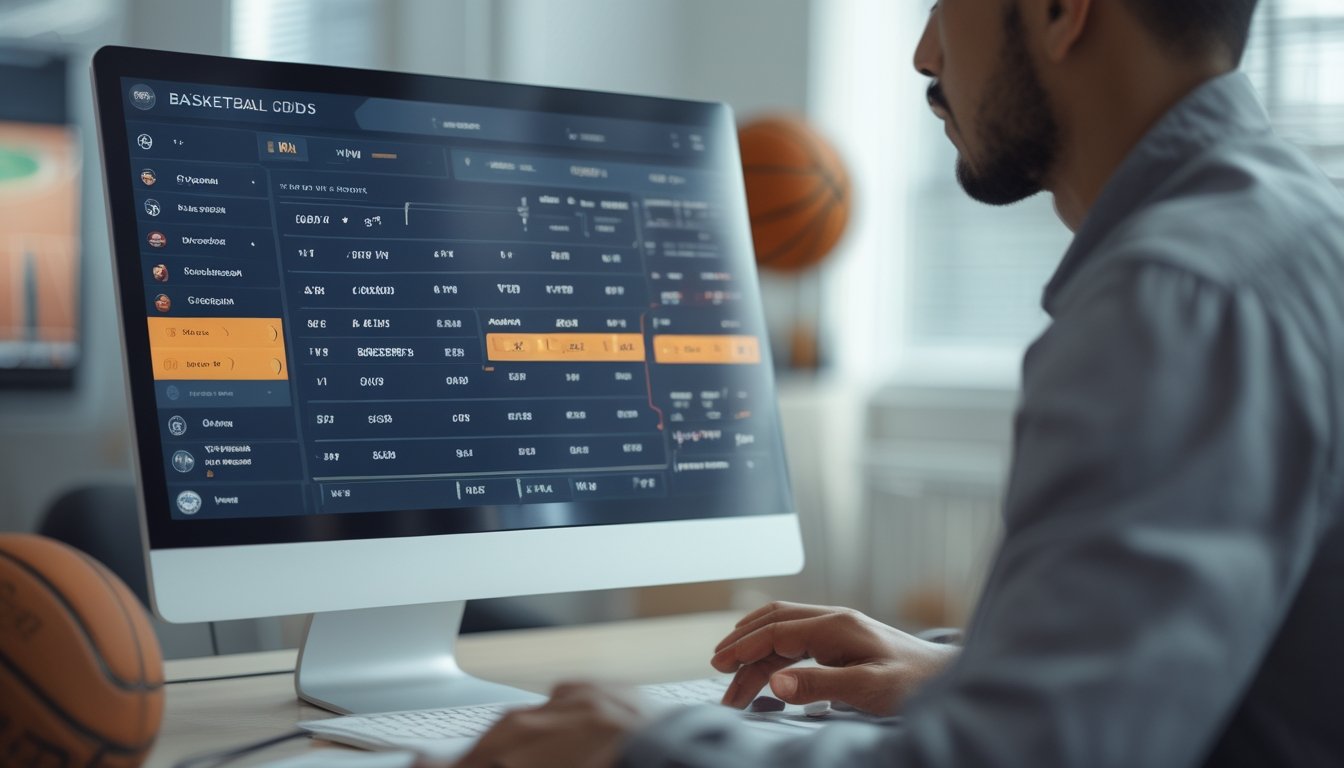 Seseorang sedang menganalisis data odds judi basket di depan layar komputer dengan bola basket dan ring terlihat di latar belakang.
