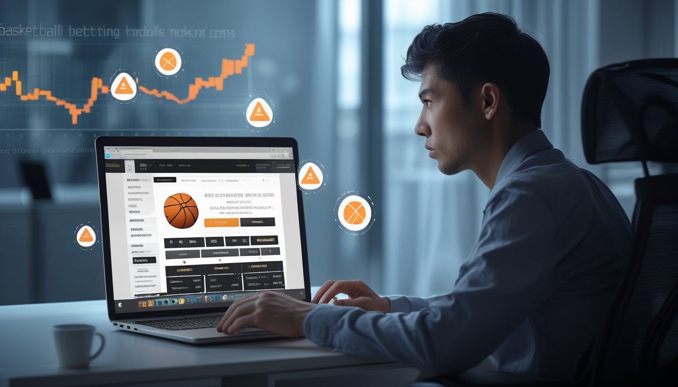 Seseorang duduk di meja dengan laptop, terlihat cemas saat menggunakan platform judi basket online.