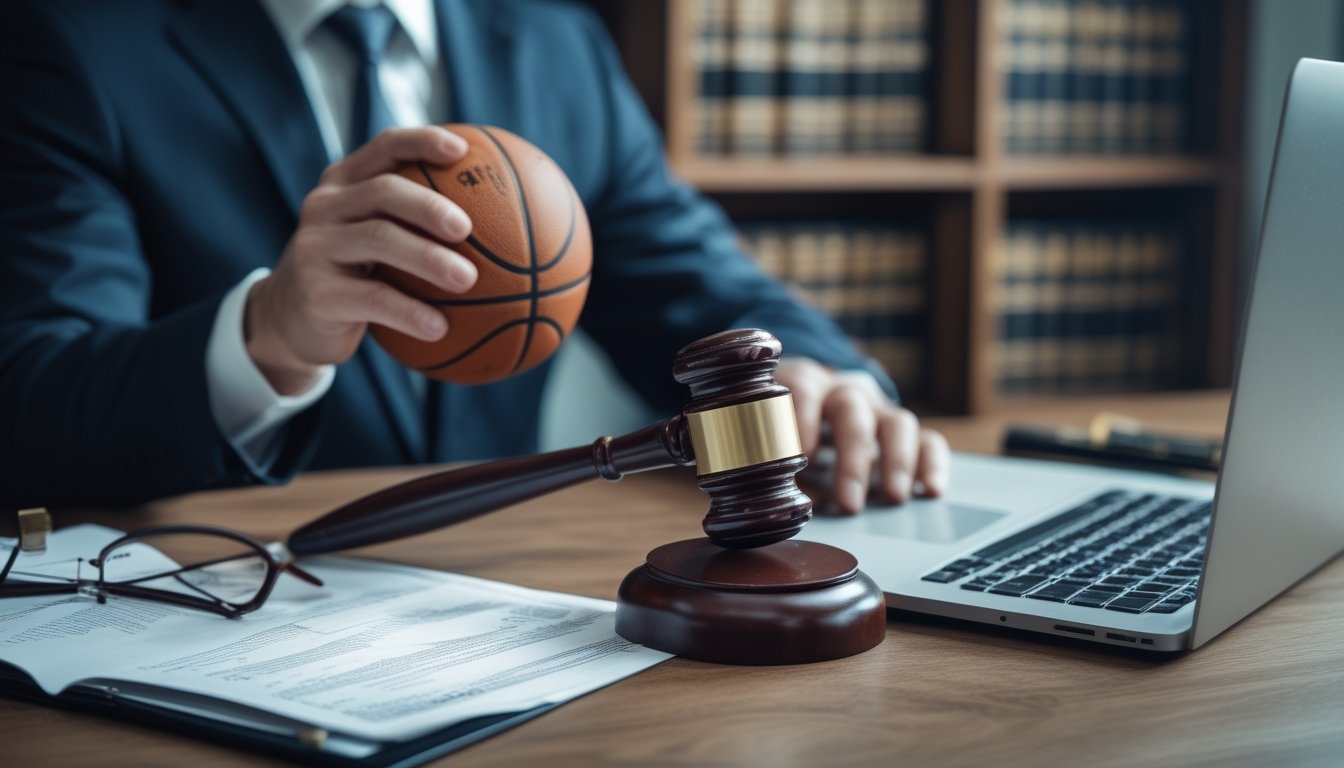 Tangan seseorang memegang palu hakim dan bola basket di atas meja dengan dokumen hukum dan laptop di latar belakang.