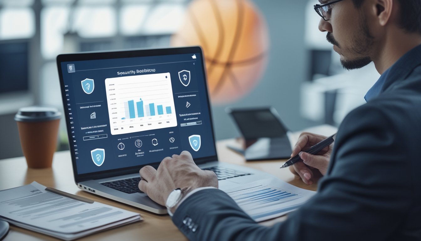 Seorang profesional sedang menganalisis data keamanan dan kredibilitas platform judi basket digital di depan laptop dengan grafik dan ikon keamanan.