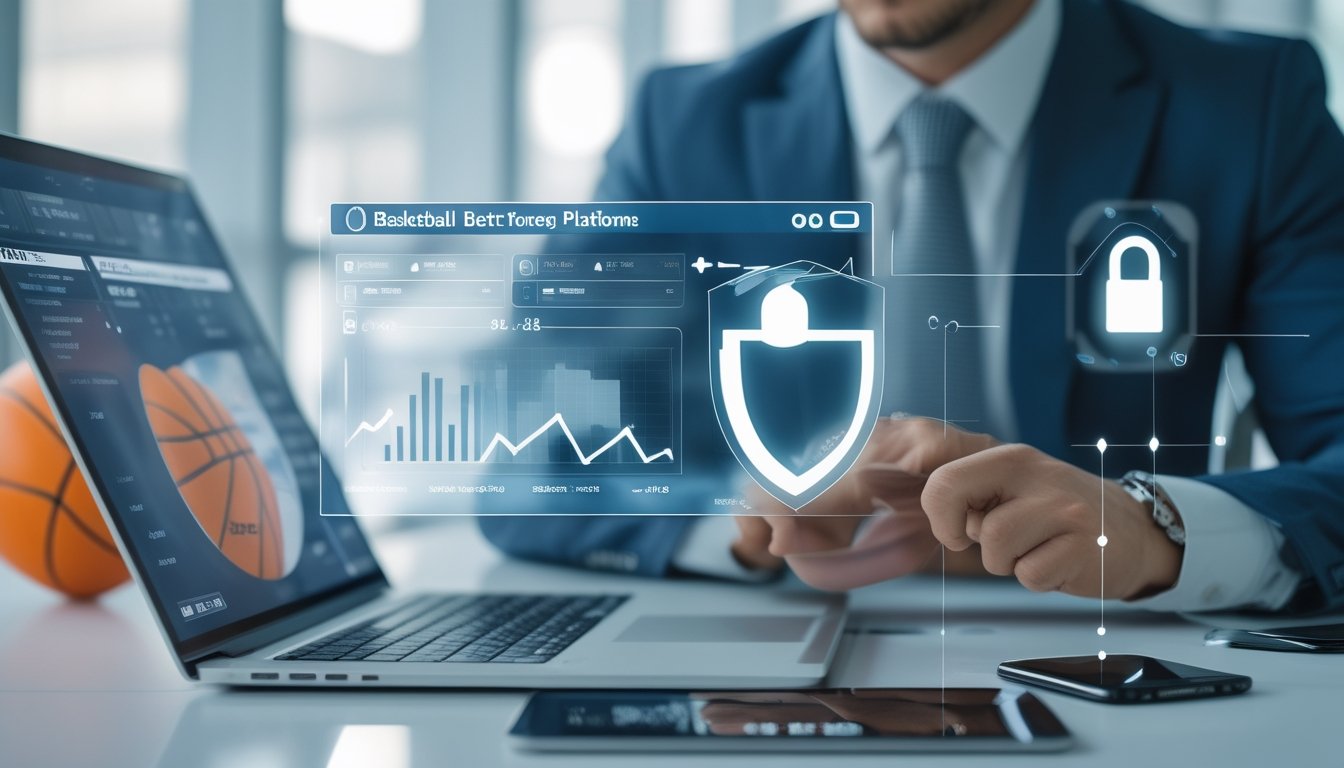Seorang profesional sedang mengevaluasi keamanan platform judi basket digital menggunakan perangkat elektronik di kantor modern.