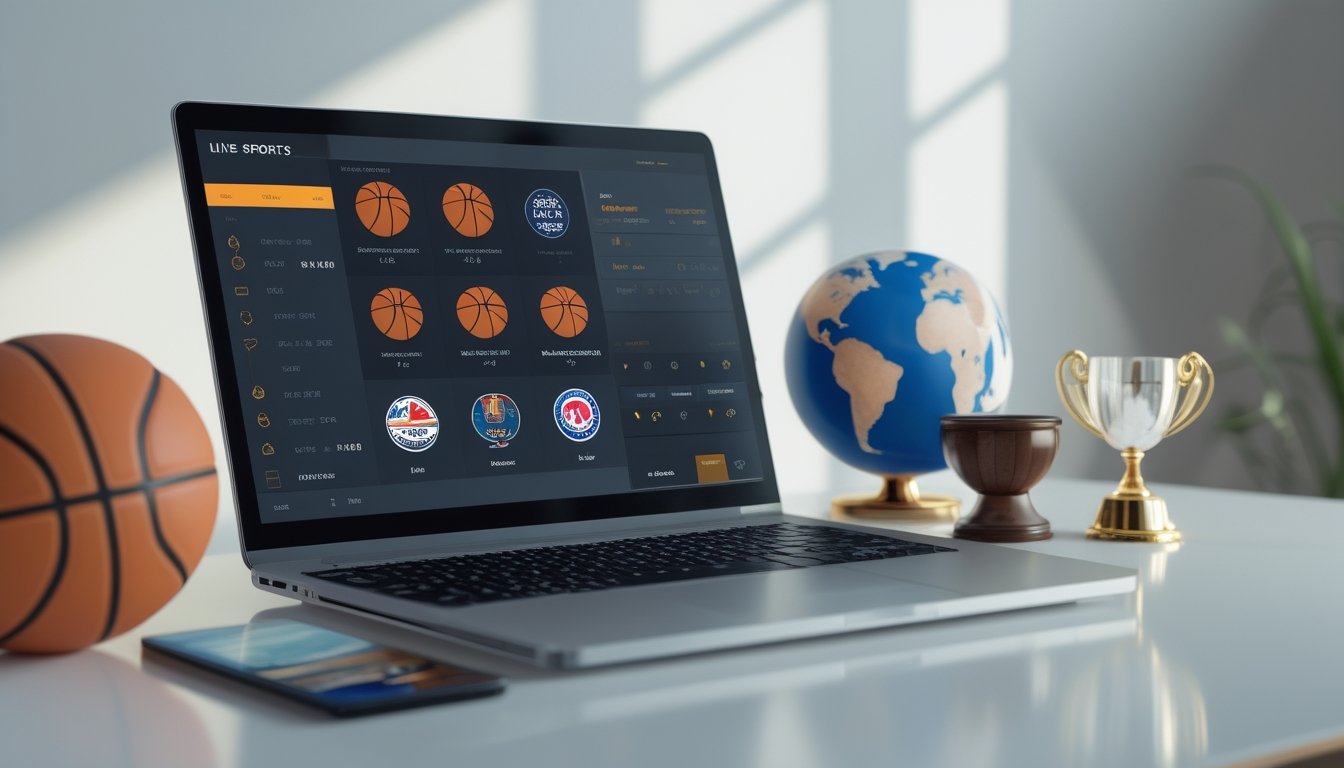 Seseorang menggunakan laptop di meja kerja dengan bola basket dan globe kecil di sekitarnya, menggambarkan taruhan liga basket secara online.