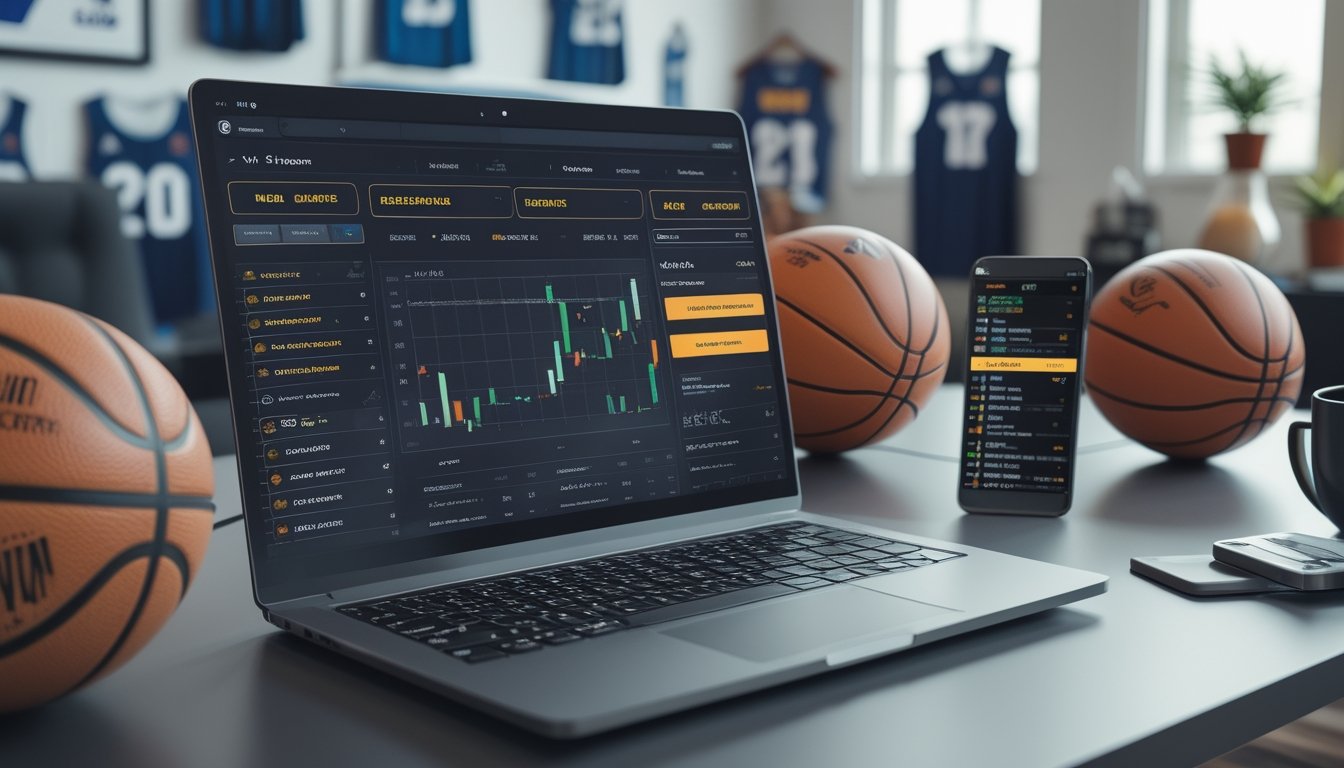 Meja kerja dengan laptop yang menampilkan platform taruhan olahraga, beberapa bola basket, dan ponsel dengan pembaruan pertandingan langsung di ruang kantor yang terang dan rapi.
