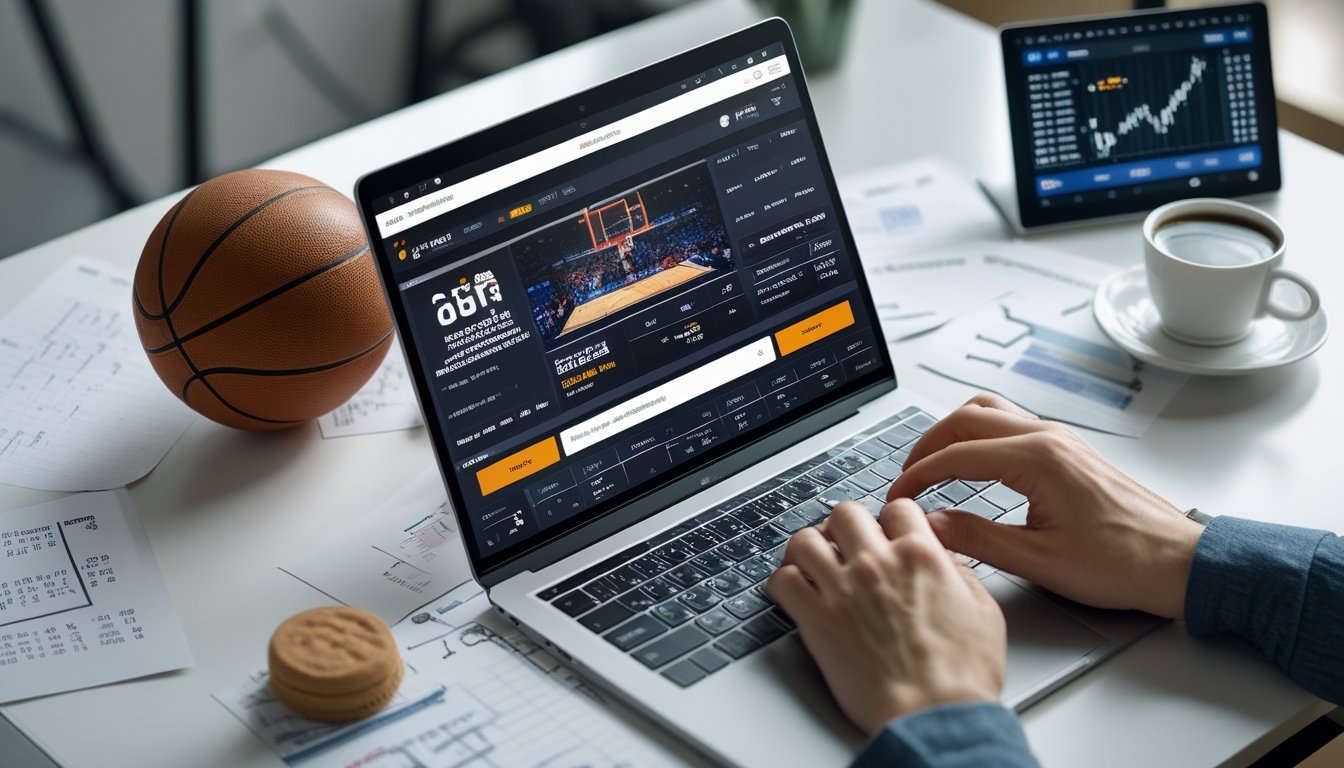 Seseorang sedang menggunakan laptop di meja kerja dengan layar menampilkan pertandingan bola basket dan data taruhan, dikelilingi oleh catatan dan bola basket.