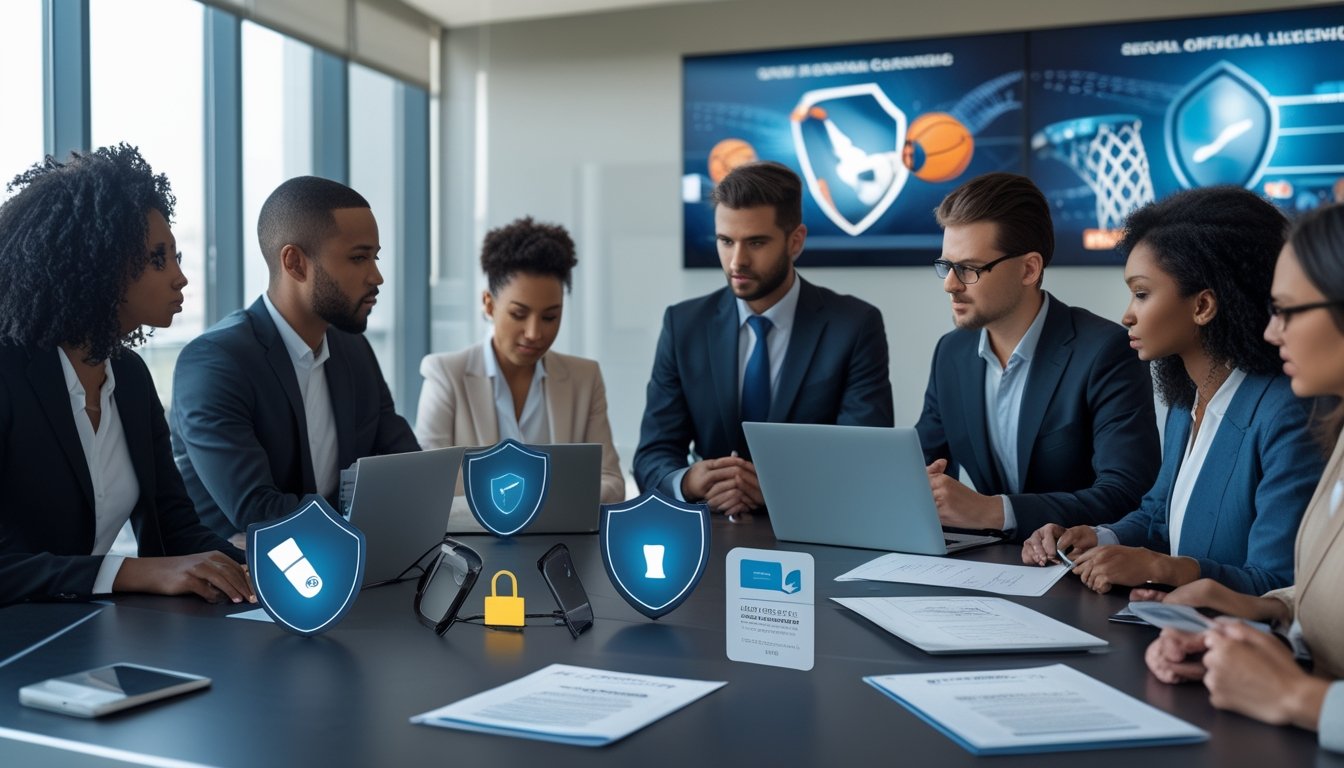 Sekelompok profesional sedang rapat di ruang kantor modern dengan dokumen dan perangkat elektronik yang menunjukkan simbol keamanan dan lisensi resmi.