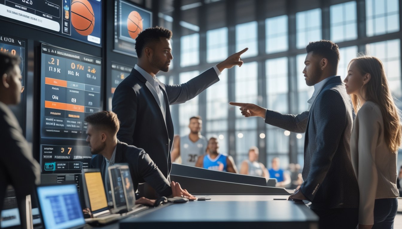 Orang-orang sedang melihat layar digital yang menampilkan data peluang dan statistik pertandingan basket dengan latar belakang lapangan basket.