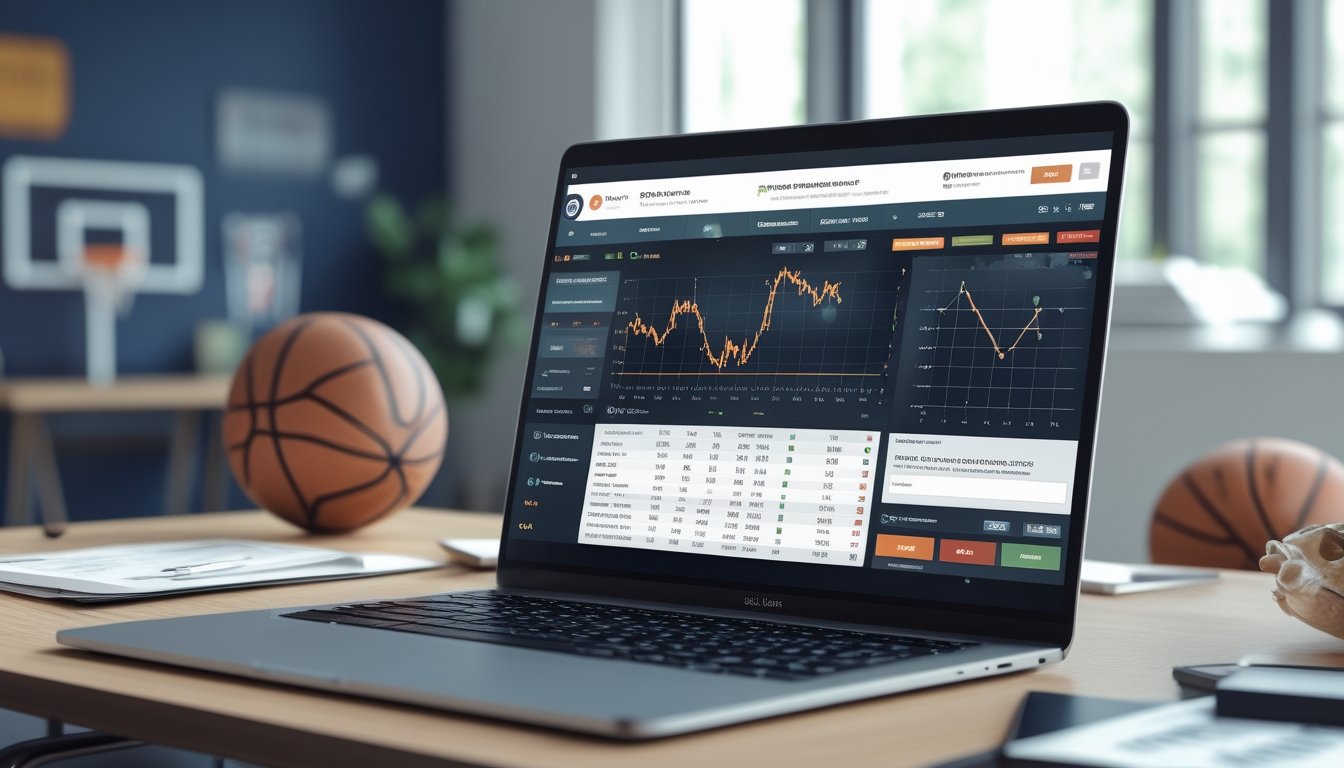 Seorang profesional sedang menganalisis data peluang pertandingan basket di depan komputer dalam ruang kerja yang rapi.