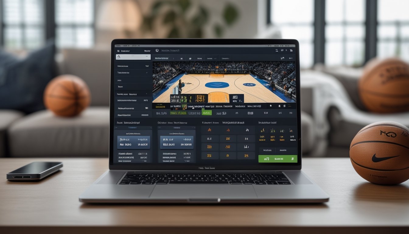 Seseorang menggunakan perangkat digital untuk memasang taruhan langsung pada pertandingan bola basket yang sedang berlangsung di layar.