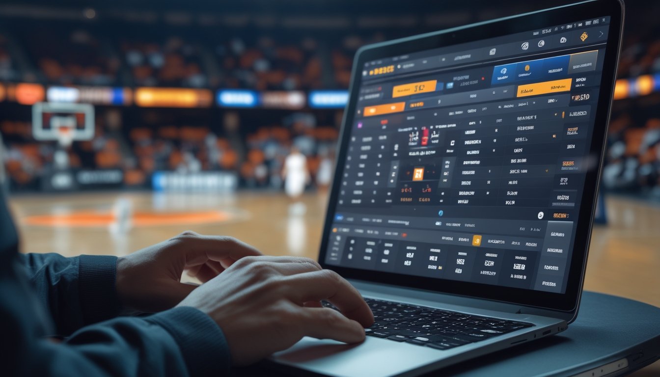 Seseorang menggunakan perangkat digital untuk memasang taruhan langsung pada pertandingan bola basket yang sedang berlangsung.