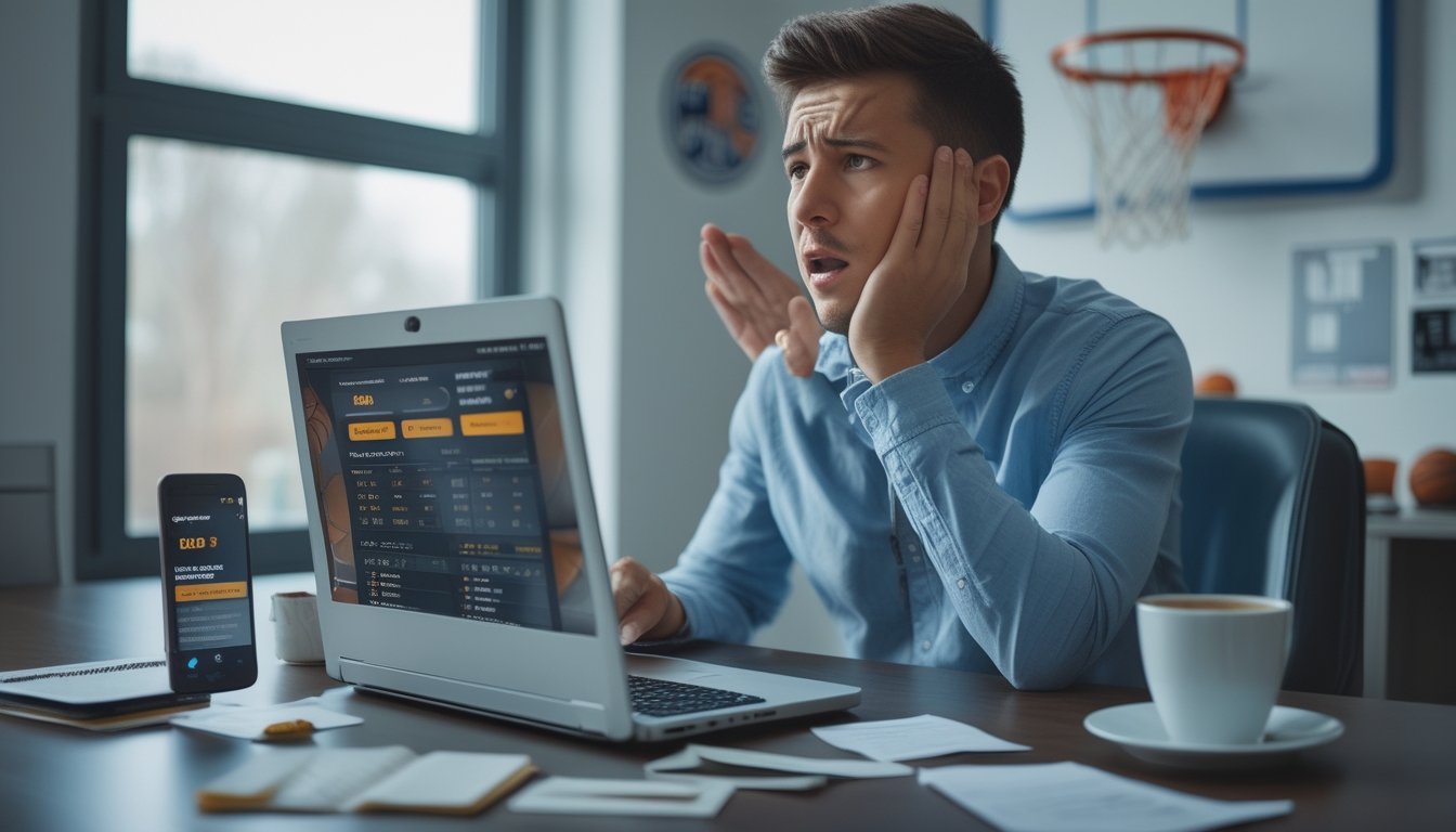 Seorang pria muda duduk di meja dengan laptop, terlihat bingung saat menggunakan platform judi basket online, dengan latar belakang peralatan basket.