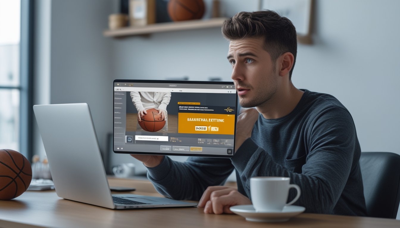 Seorang pria muda duduk di depan laptop dengan ekspresi serius sambil menggunakan platform judi basket online.