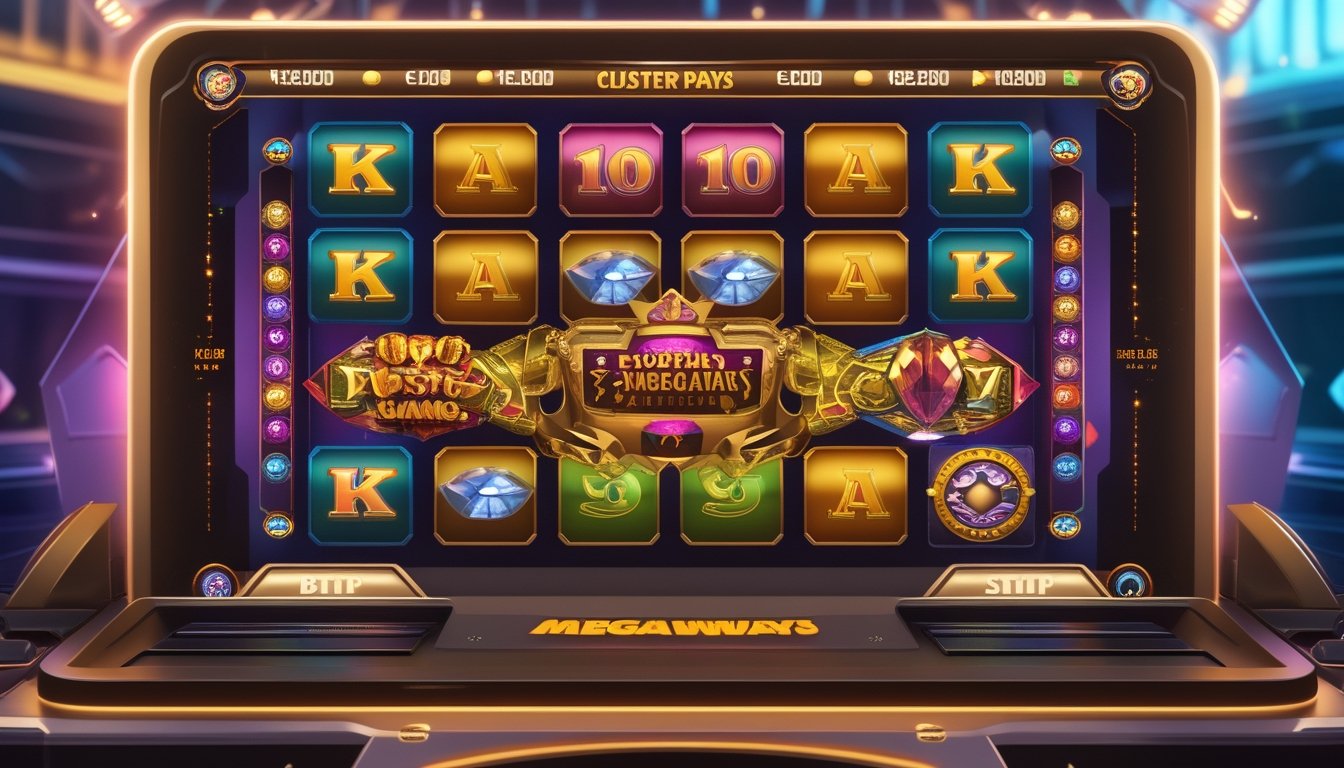 Layar mesin slot online menampilkan simbol-simbol berwarna yang berkelompok dengan latar belakang tema Buffalo King Megaways.