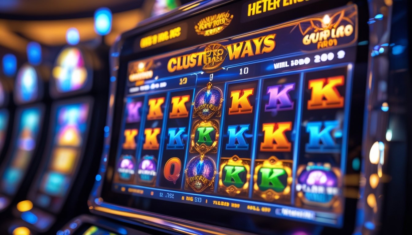 Mesin slot Buffalo King Megaways dengan simbol kerbau berwarna cerah di kasino yang terang dan modern.