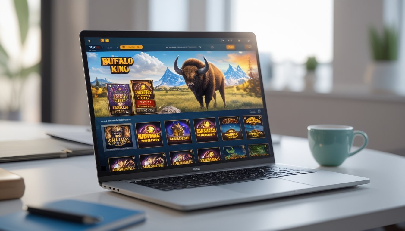 Layar laptop menampilkan kumpulan permainan slot termasuk Buffalo King Megaways di meja kerja dengan cangkir kopi dan buku catatan.