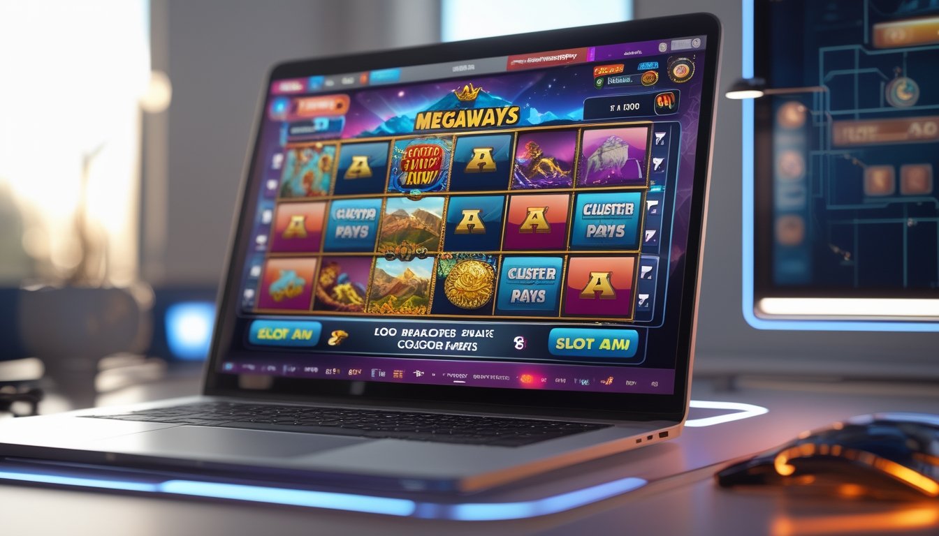Layar komputer menampilkan permainan slot Buffalo King Megaways dengan simbol kerbau dan pegunungan, dikelilingi elemen digital teknologi.