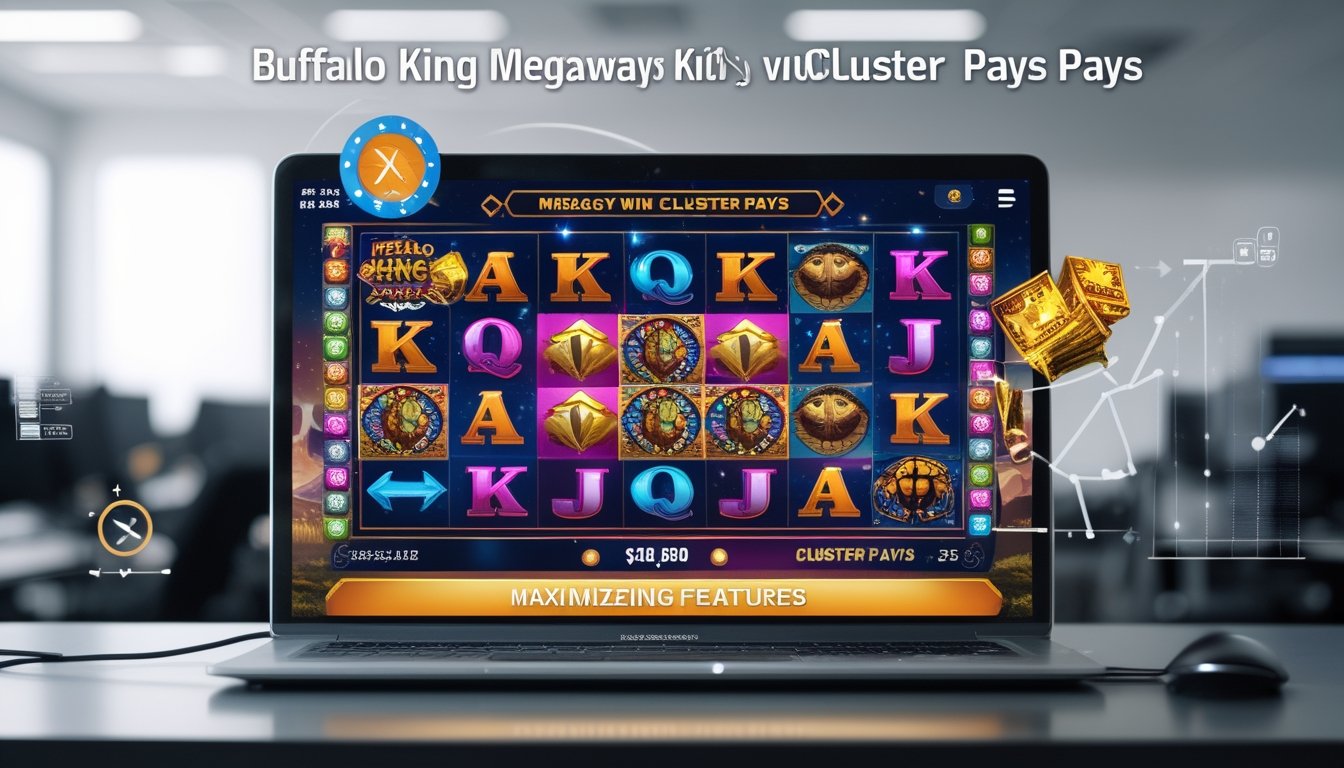 Seseorang menggunakan komputer dengan tampilan permainan slot Buffalo King Megaways yang menampilkan simbol kerbau dan elemen cluster pays di layar.