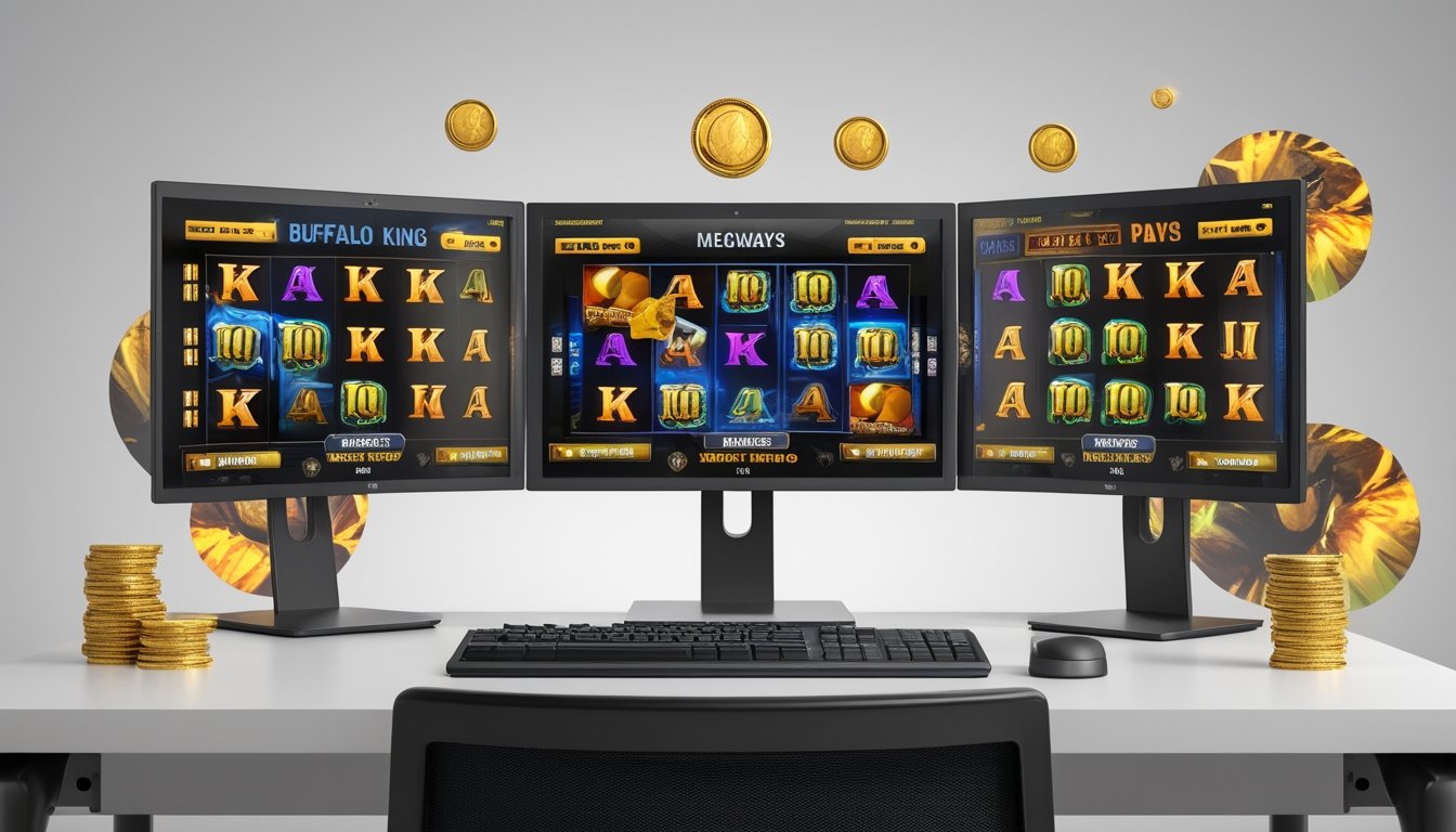 Sebuah meja komputer modern dengan beberapa monitor menampilkan permainan slot bertema Buffalo King Megaways dengan gambar gulungan dan pola cluster tanpa teks.
