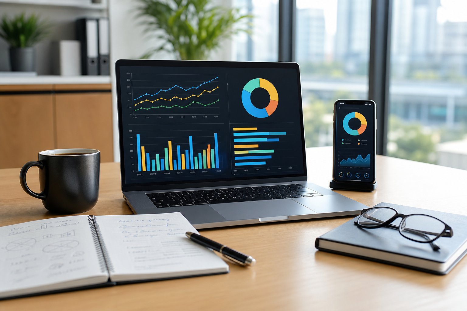 Key Features of a Reliable Datatool Tracker 1 A modern workspace with a laptop showing graphs and a smartphone displaying a data tracking app, surrounded by office supplies on a desk in a bright office.