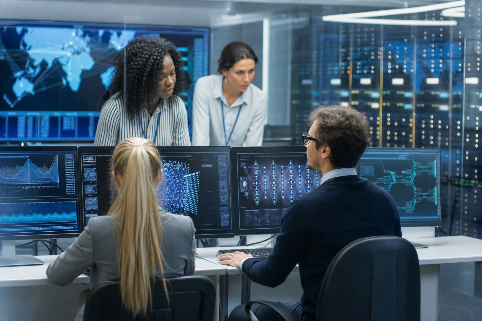 Key Features of a Reliable Datatool Tracker 3 A team of IT professionals working together in an office with multiple computer screens showing data and security monitoring visuals.