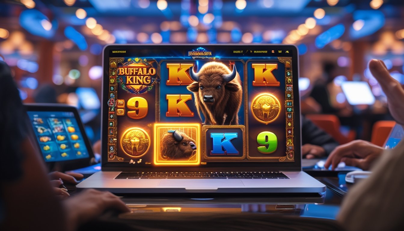 Layar mesin slot digital dengan simbol kerbau dan koin emas, dikelilingi oleh pemain yang sedang menikmati permainan kasino online.