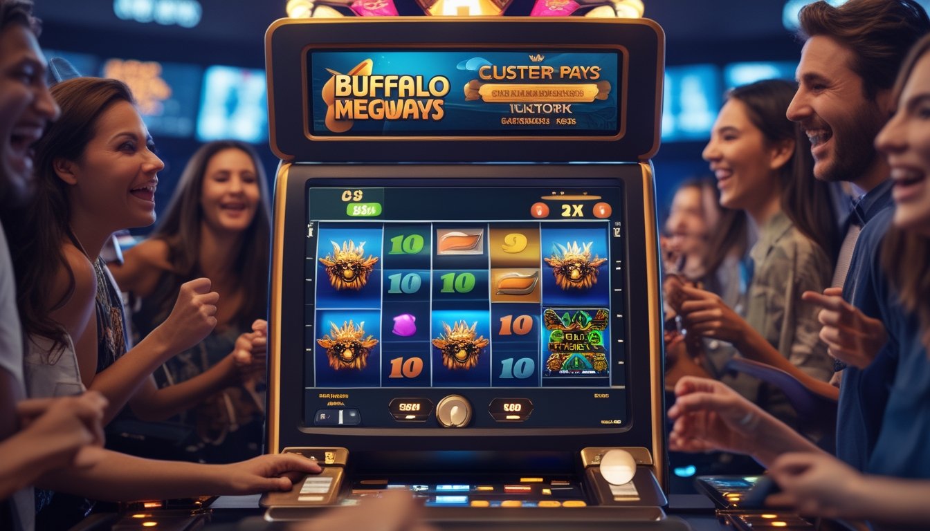 Orang-orang bermain mesin slot Buffalo King Megaways dengan ekspresi senang di lingkungan kasino yang ramai.