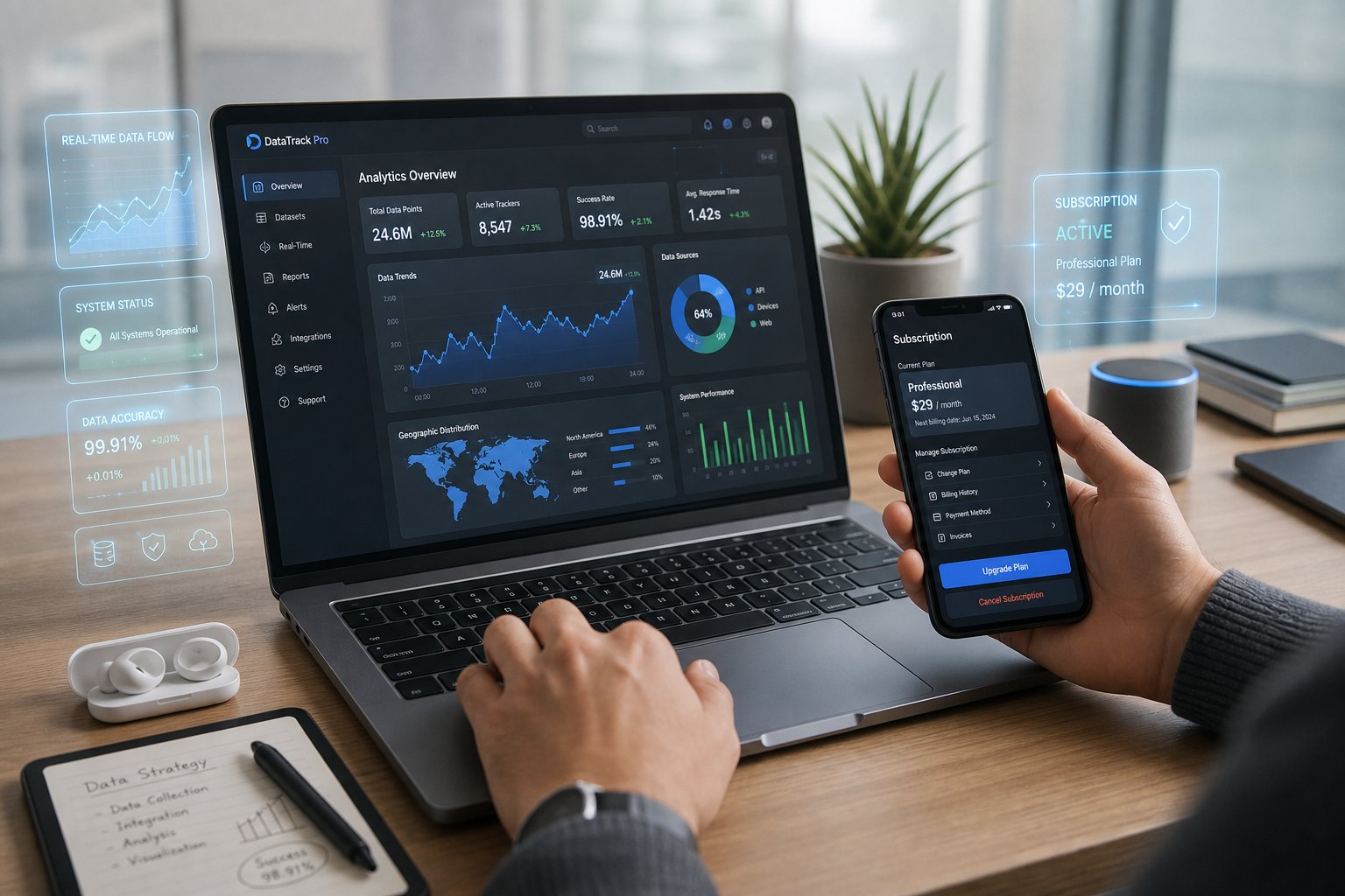 Key Features of a Reliable Datatool Tracker 5 A person using a laptop and smartphone on a clean desk showing data charts and subscription options, surrounded by modern tech accessories.