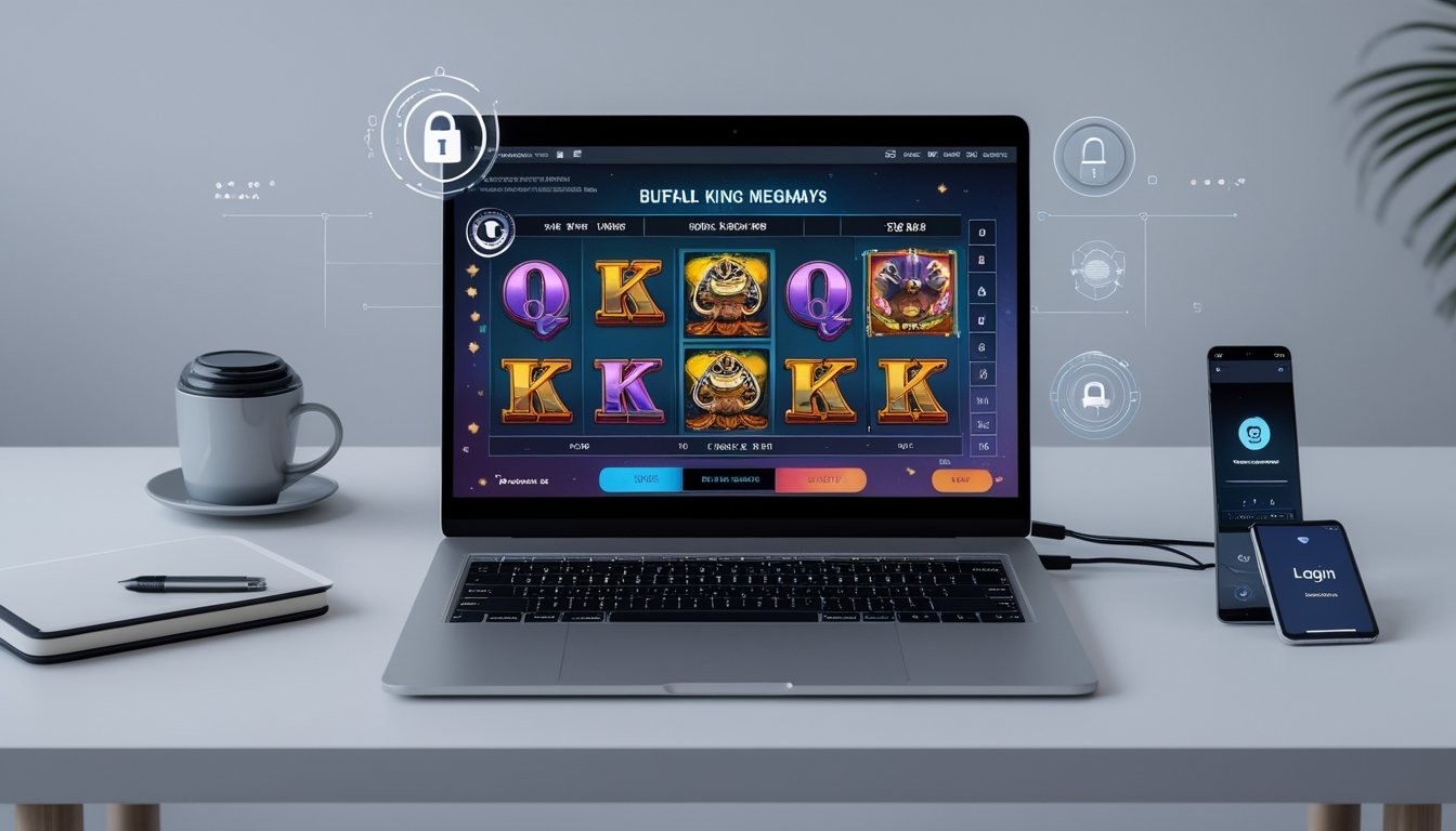 Seorang pengguna sedang bermain game slot online Buffalo King Megaways di laptop dengan simbol keamanan digital di sekitar perangkat.