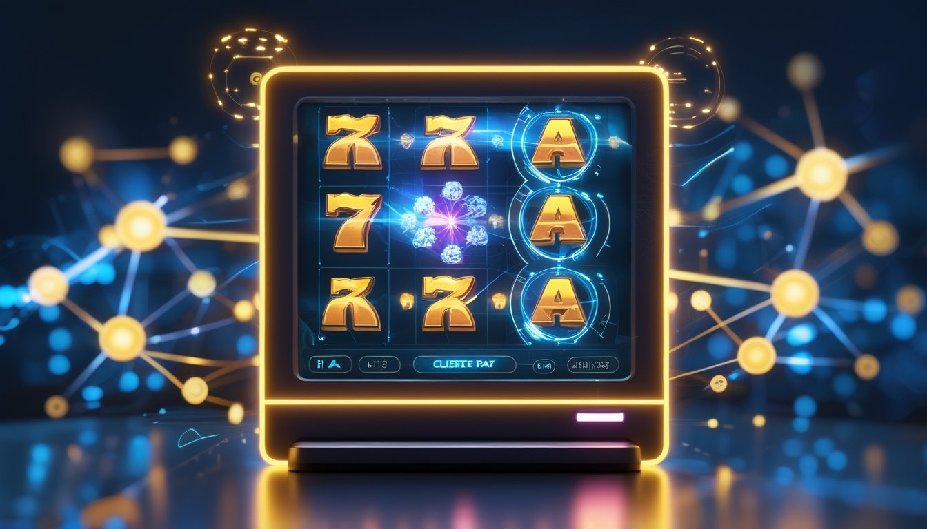 Mesin slot modern dengan simbol-simbol yang membentuk kelompok pemenang yang menyala, dikelilingi oleh elemen digital abstrak yang menunjukkan koneksi data.