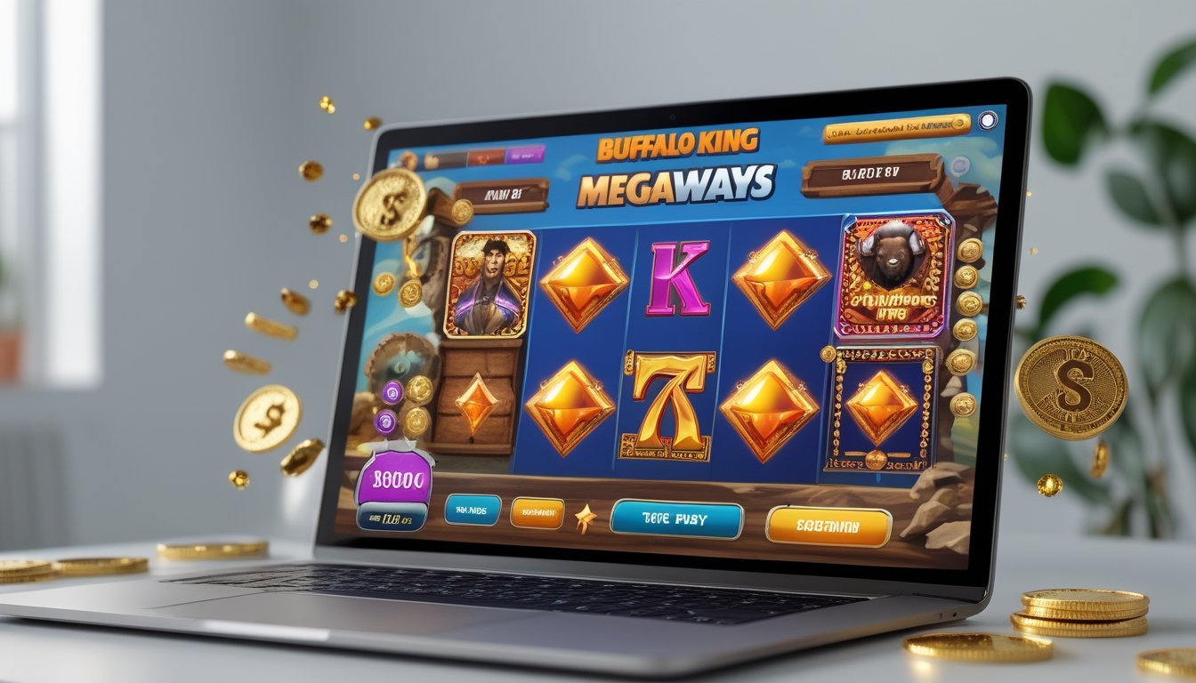 Seorang pengguna komputer melihat layar permainan slot Buffalo King Megaways dengan koin emas dan simbol bonus di sekitarnya.