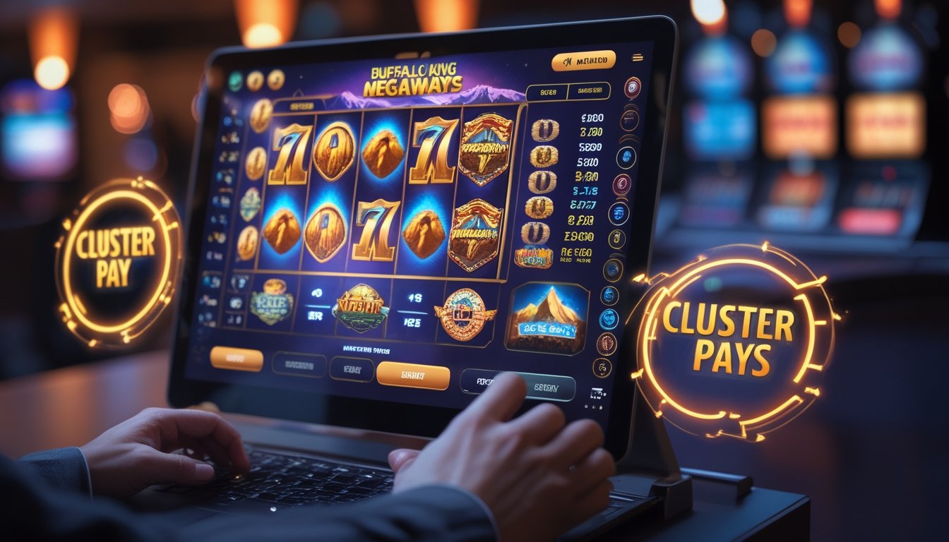 Seseorang menggunakan laptop dengan layar menampilkan permainan slot Buffalo King Megaways dan mekanisme Cluster Pays di latar belakang kasino modern.